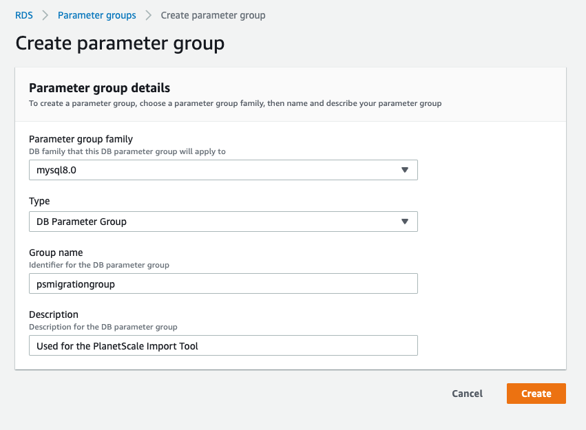 The form used to create a parameter group.